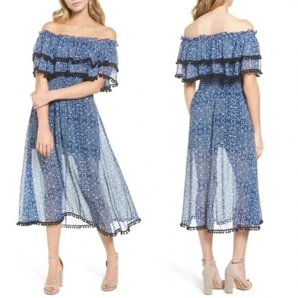 MISA LOS ANGELES Maribel Dress Blue/White Floral Tassels Tiered Pompoms (XS)